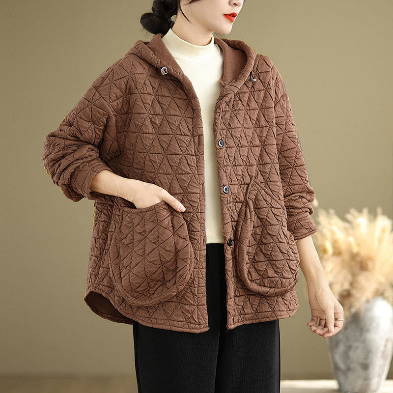 Buddha Stones Retro Rhombic Pattern Women's Acrylic Hooded Long Sleeve Jacket - image 14