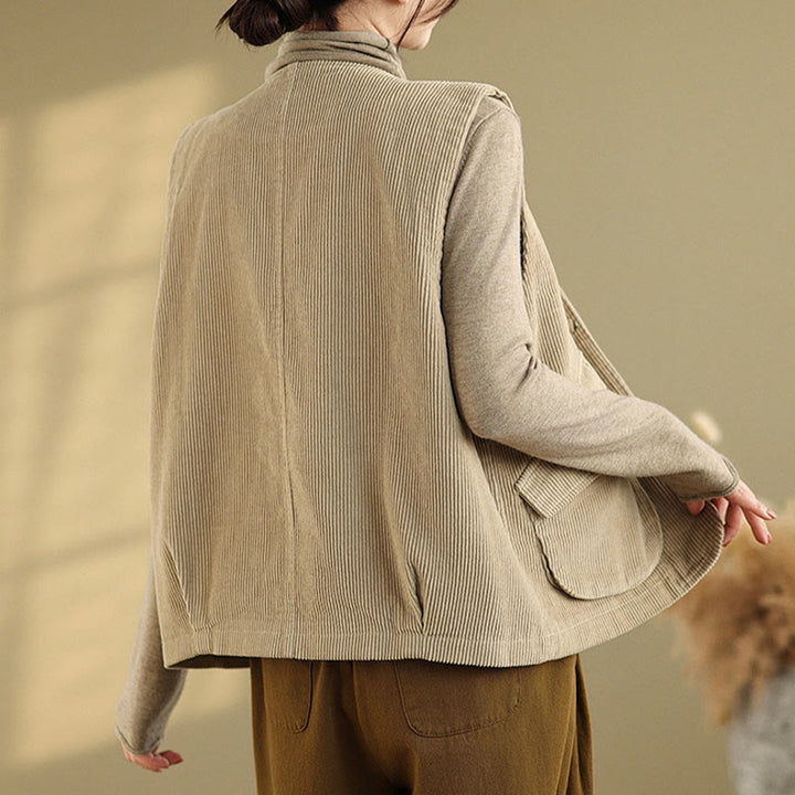 Buddha Stones Sleeveless Buttons Women's Cotton Vest Corduroy Waistcoat With Pockets - image 3