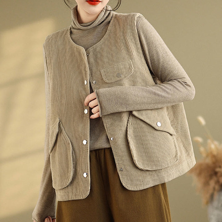 Buddha Stones Sleeveless Buttons Women's Cotton Vest Corduroy Waistcoat With Pockets - image 4