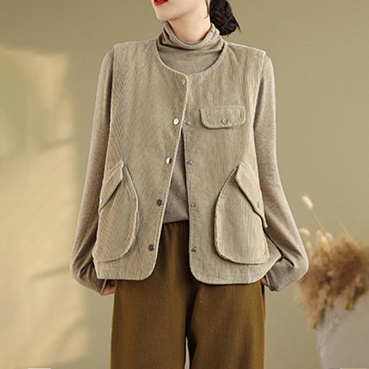 Buddha Stones Sleeveless Buttons Women's Cotton Vest Corduroy Waistcoat With Pockets - image 5