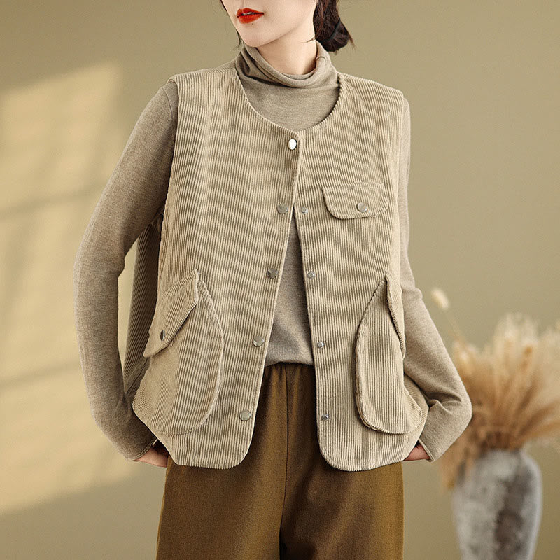 Buddha Stones Sleeveless Buttons Women's Cotton Vest Corduroy Waistcoat With Pockets - Wheat - US14,UK/AU18,EU46 (2XL) - image 1