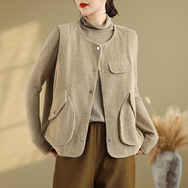 Buddha Stones Sleeveless Buttons Women's Cotton Vest Corduroy Waistcoat With Pockets - Wheat - US14,UK/AU18,EU46 (2XL) - image 1