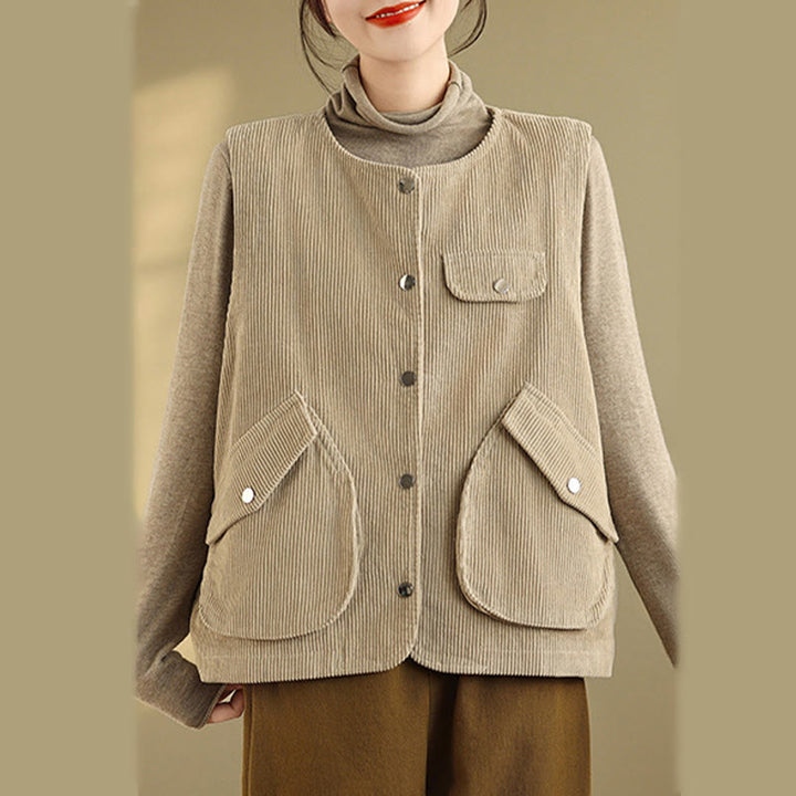 Buddha Stones Sleeveless Buttons Women's Cotton Vest Corduroy Waistcoat With Pockets - image 6