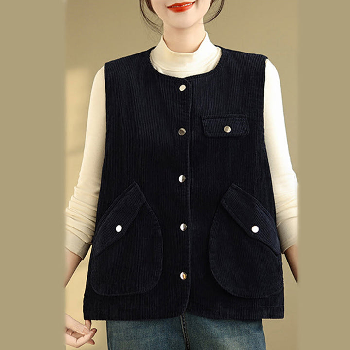 Buddha Stones Sleeveless Buttons Women's Cotton Vest Corduroy Waistcoat With Pockets - image 8