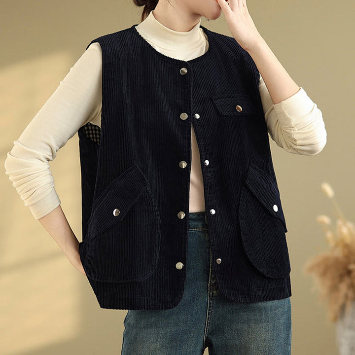 Buddha Stones Sleeveless Buttons Women's Cotton Vest Corduroy Waistcoat With Pockets - image 9