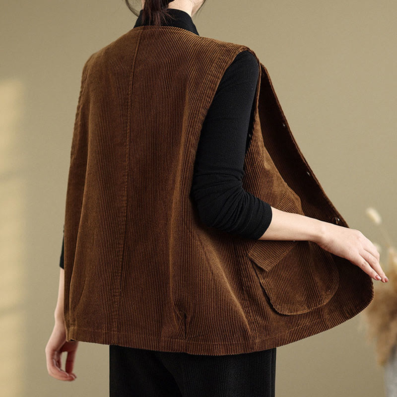 Buddha Stones Sleeveless Buttons Women's Cotton Vest Corduroy Waistcoat With Pockets - image 16