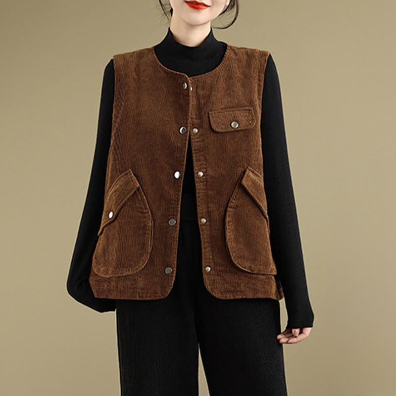 Buddha Stones Sleeveless Buttons Women's Cotton Vest Corduroy Waistcoat With Pockets - image 13