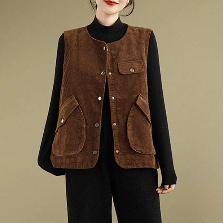 Buddha Stones Sleeveless Buttons Women's Cotton Vest Corduroy Waistcoat With Pockets - image 13