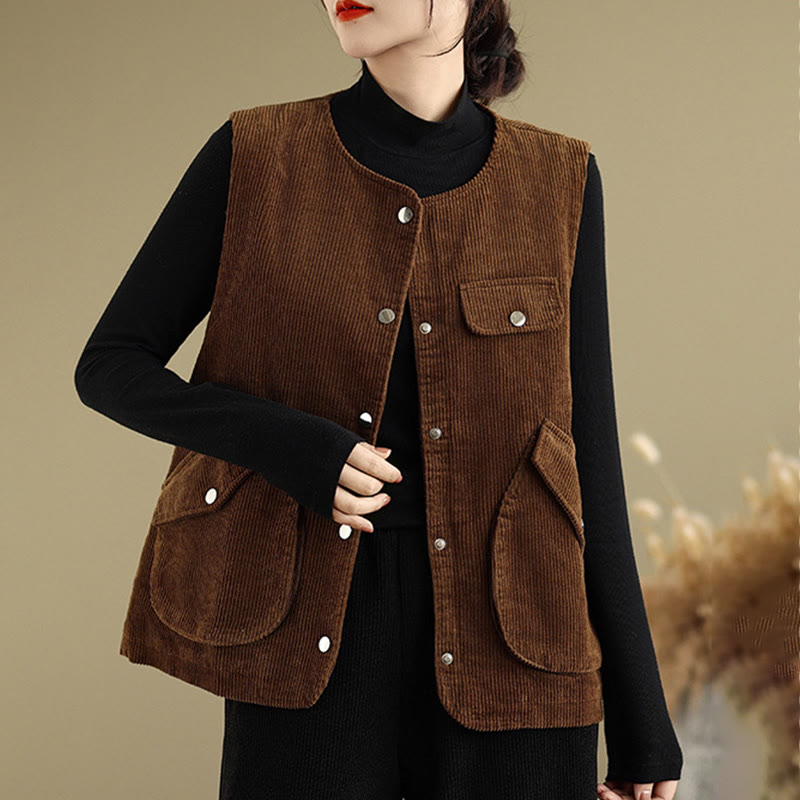 Buddha Stones Sleeveless Buttons Women's Cotton Vest Corduroy Waistcoat With Pockets - image 14