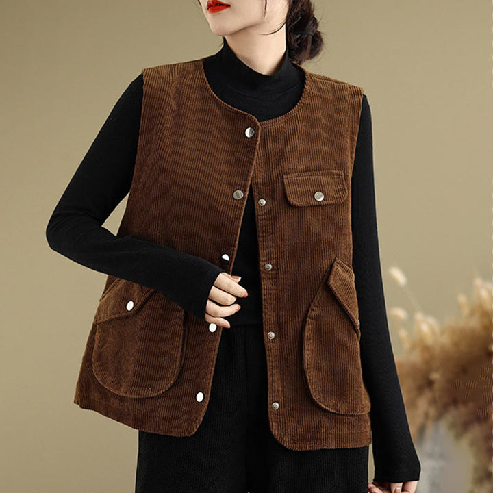 Buddha Stones Sleeveless Buttons Women's Cotton Vest Corduroy Waistcoat With Pockets - image 14