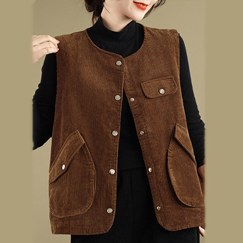 Buddha Stones Sleeveless Buttons Women's Cotton Vest Corduroy Waistcoat With Pockets - image 11