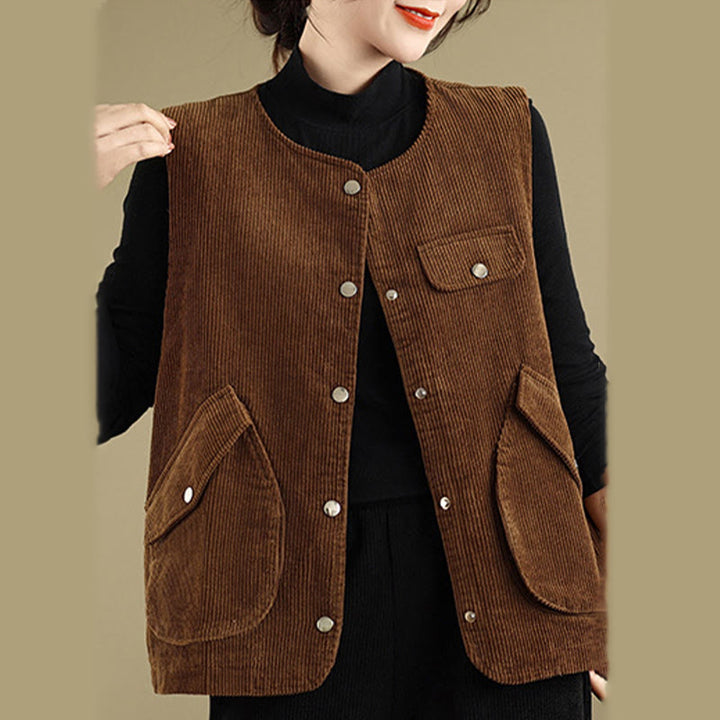 Buddha Stones Sleeveless Buttons Women's Cotton Vest Corduroy Waistcoat With Pockets - image 11