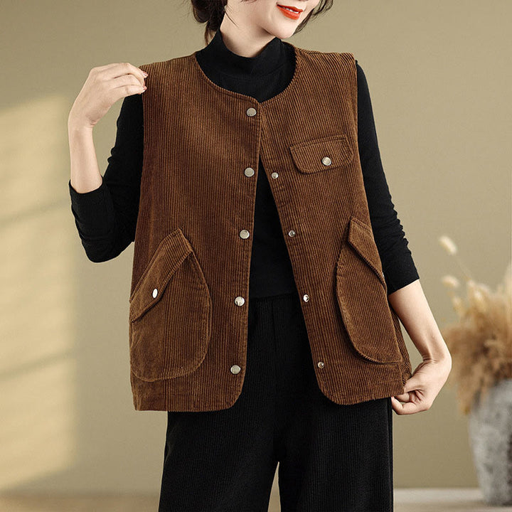 Buddha Stones Sleeveless Buttons Women's Cotton Vest Corduroy Waistcoat With Pockets - image 12