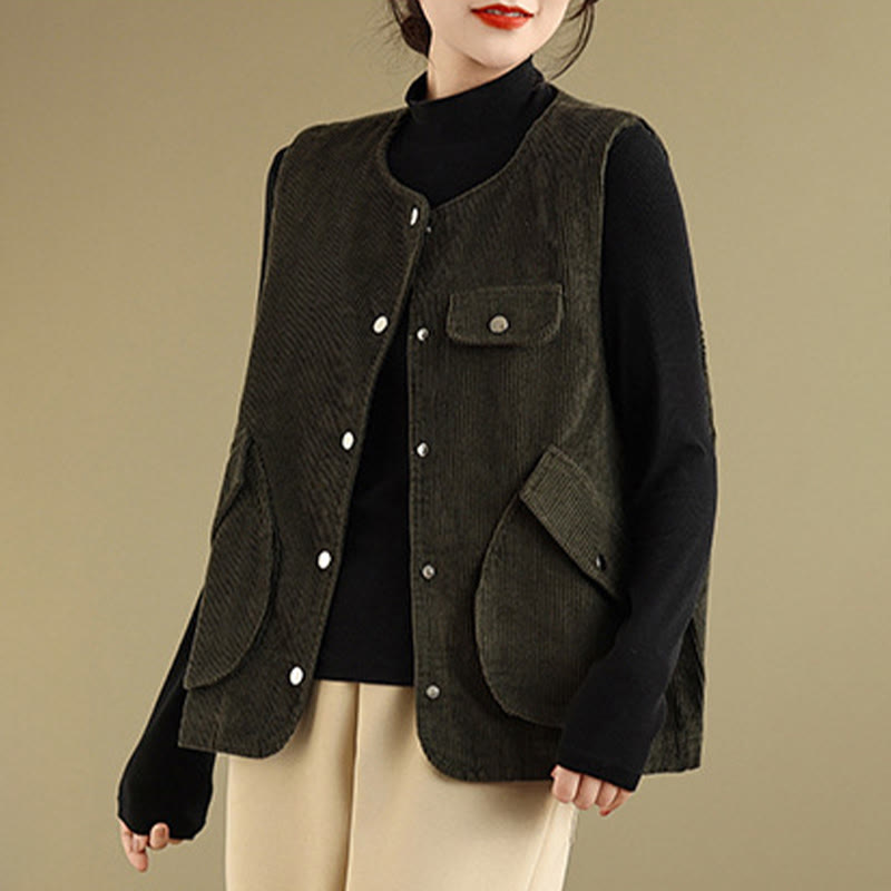Buddha Stones Sleeveless Buttons Women's Cotton Vest Corduroy Waistcoat With Pockets - image 21