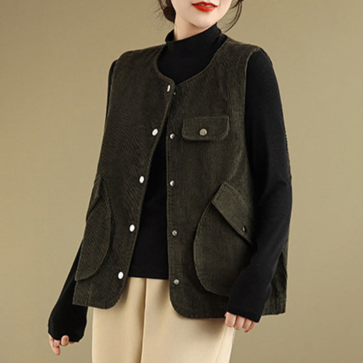 Buddha Stones Sleeveless Buttons Women's Cotton Vest Corduroy Waistcoat With Pockets - image 21