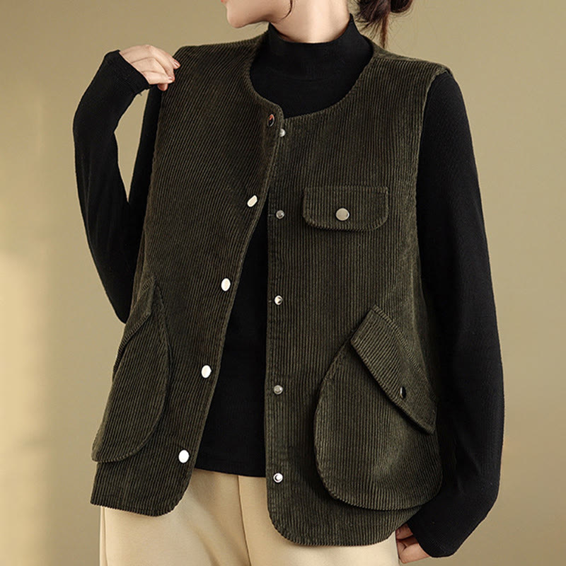 Buddha Stones Sleeveless Buttons Women's Cotton Vest Corduroy Waistcoat With Pockets - image 23