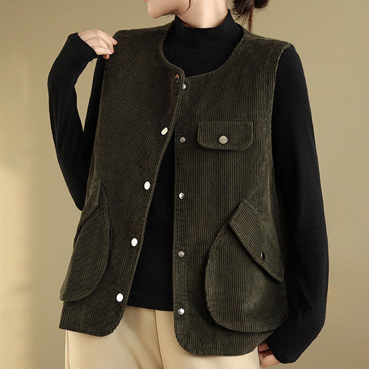 Buddha Stones Sleeveless Buttons Women's Cotton Vest Corduroy Waistcoat With Pockets - image 23