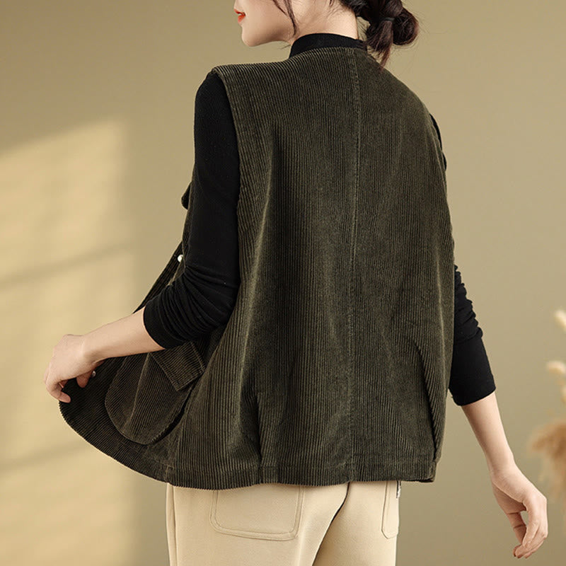 Buddha Stones Sleeveless Buttons Women's Cotton Vest Corduroy Waistcoat With Pockets - image 24