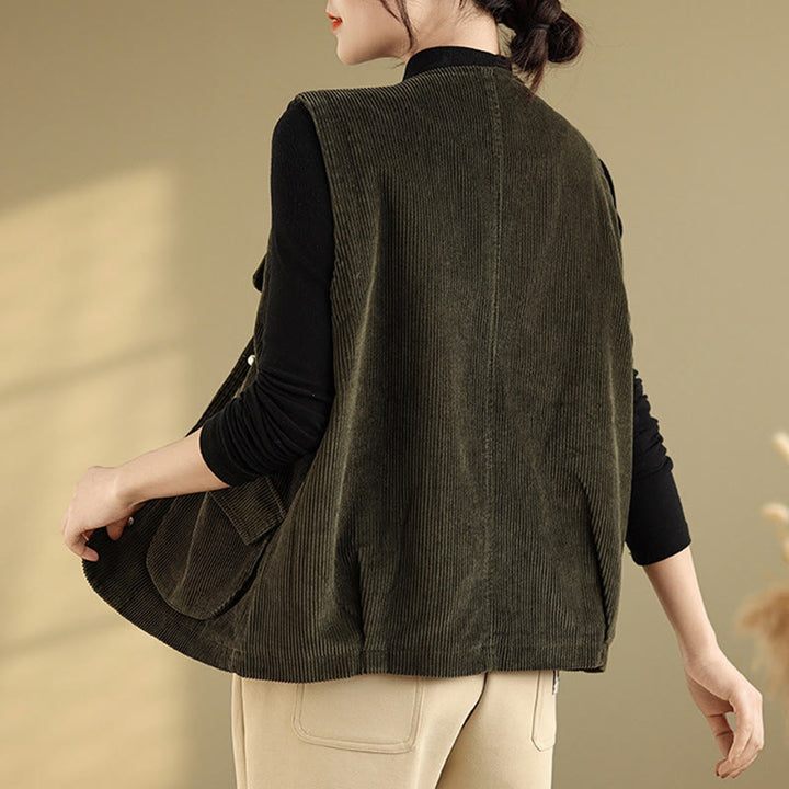 Buddha Stones Sleeveless Buttons Women's Cotton Vest Corduroy Waistcoat With Pockets - image 24