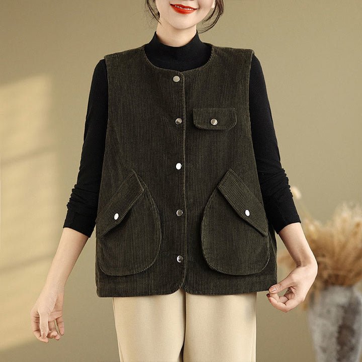 Buddha Stones Sleeveless Buttons Women's Cotton Vest Corduroy Waistcoat With Pockets - image 22