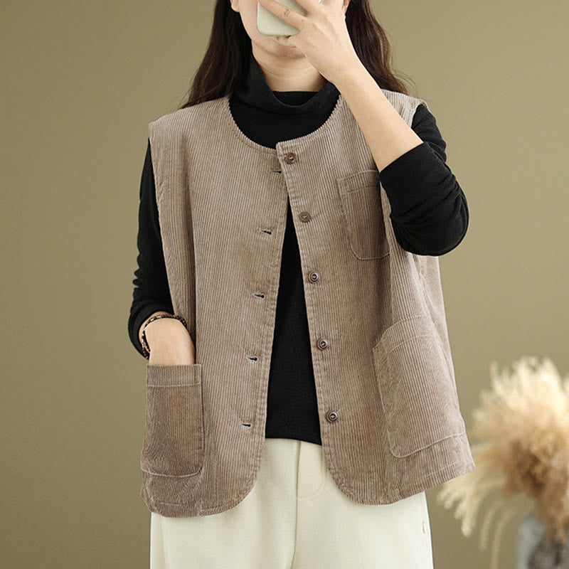 Buddha Stones Corduroy Buttons Women's Sleeveless Cotton Vest Waistcoat With Pockets - image 3