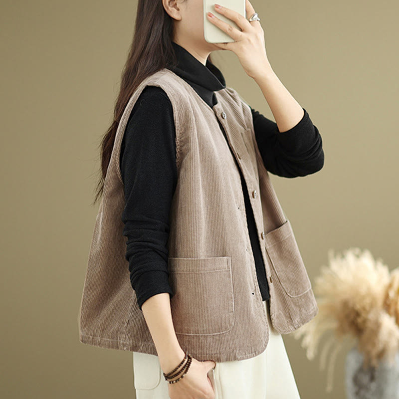 Buddha Stones Corduroy Buttons Women's Sleeveless Cotton Vest Waistcoat With Pockets - image 5