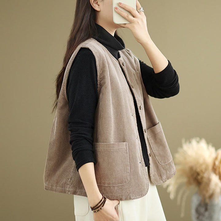 Buddha Stones Corduroy Buttons Women's Sleeveless Cotton Vest Waistcoat With Pockets - image 5
