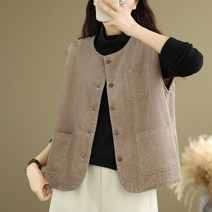 Buddha Stones Corduroy Buttons Women's Sleeveless Cotton Vest Waistcoat With Pockets - image 6