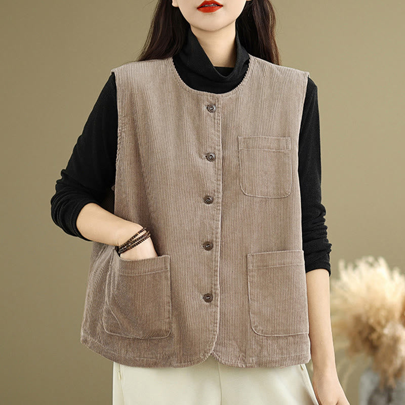 Buddha Stones Corduroy Buttons Women's Sleeveless Cotton Vest Waistcoat With Pockets - image 4