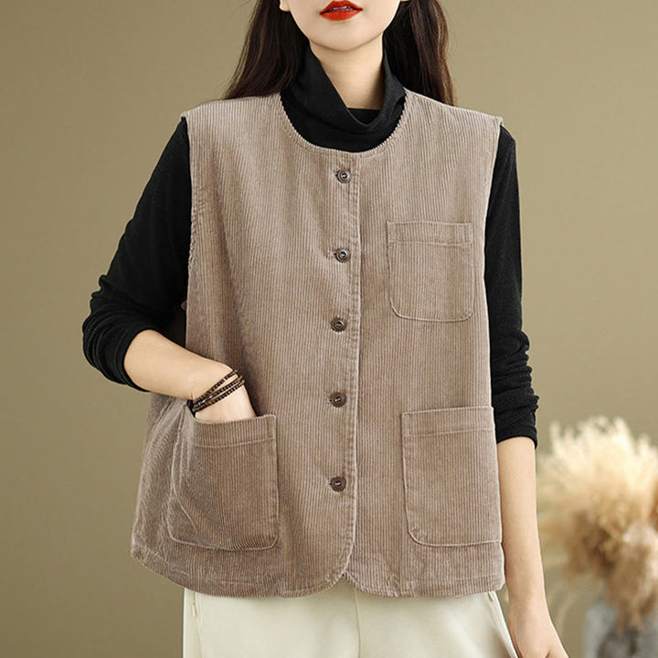 Buddha Stones Corduroy Buttons Women's Sleeveless Cotton Vest Waistcoat With Pockets - image 4