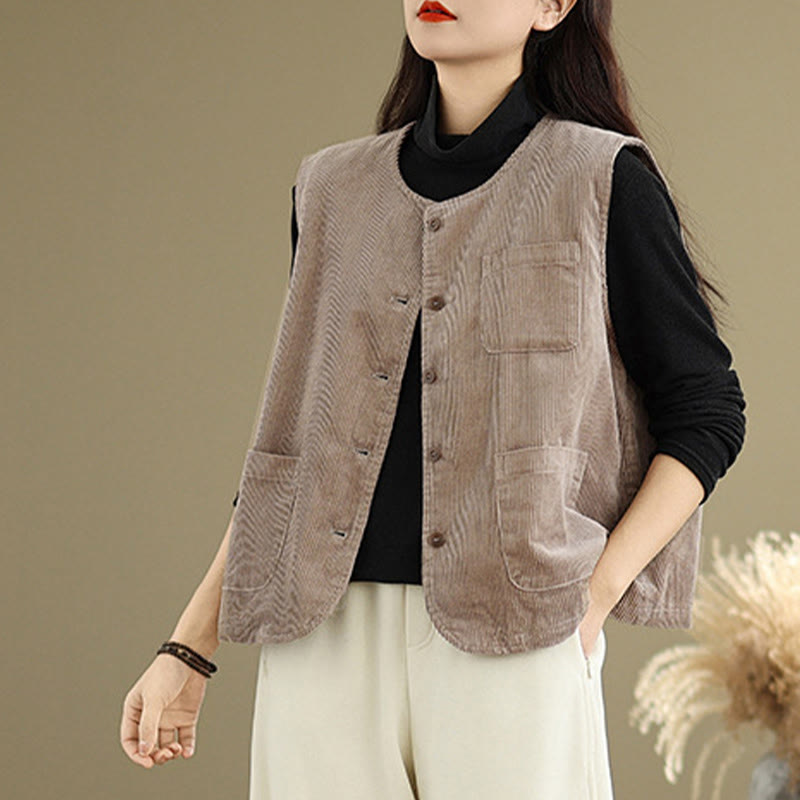 Buddha Stones Corduroy Buttons Women's Sleeveless Cotton Vest Waistcoat With Pockets - image 2