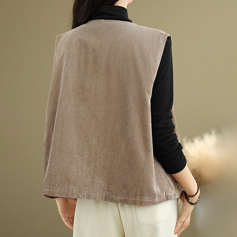 Buddha Stones Corduroy Buttons Women's Sleeveless Cotton Vest Waistcoat With Pockets - image 7