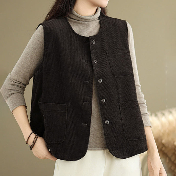 Buddha Stones Corduroy Buttons Women's Sleeveless Cotton Vest Waistcoat With Pockets - SaddleBrown - US8-10,UK/AU12-14,EU40-42 (2XL) - image 8