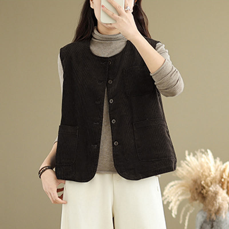 Buddha Stones Corduroy Buttons Women's Sleeveless Cotton Vest Waistcoat With Pockets - image 13