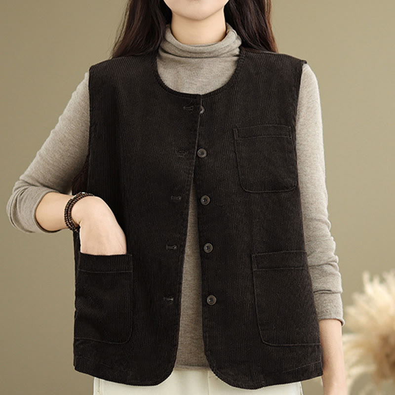 Buddha Stones Corduroy Buttons Women's Sleeveless Cotton Vest Waistcoat With Pockets - image 12