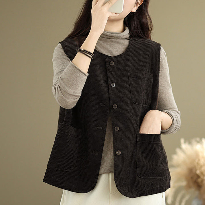 Buddha Stones Corduroy Buttons Women's Sleeveless Cotton Vest Waistcoat With Pockets - image 11