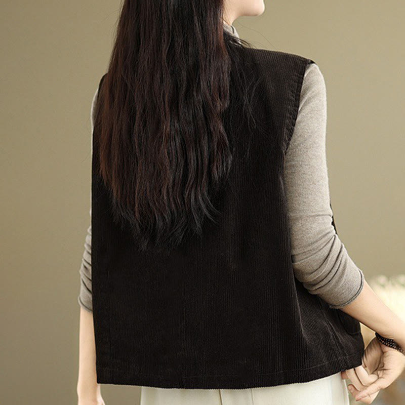 Buddha Stones Corduroy Buttons Women's Sleeveless Cotton Vest Waistcoat With Pockets - image 15