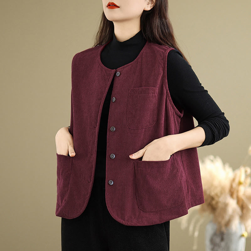 Buddha Stones Corduroy Buttons Women's Sleeveless Cotton Vest Waistcoat With Pockets - image 23