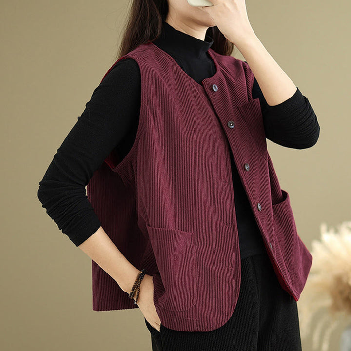 Buddha Stones Corduroy Buttons Women's Sleeveless Cotton Vest Waistcoat With Pockets - image 25