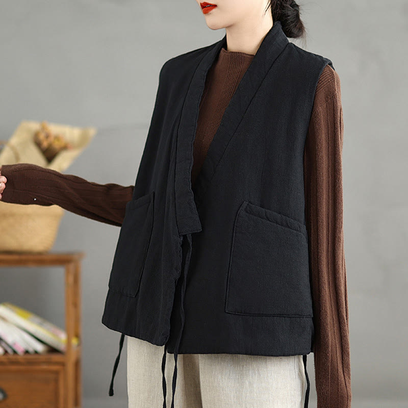 Buddha Stones Plain Lace-up Women's Sleeveless Cotton Vest Waistcoat With Pockets - image 5