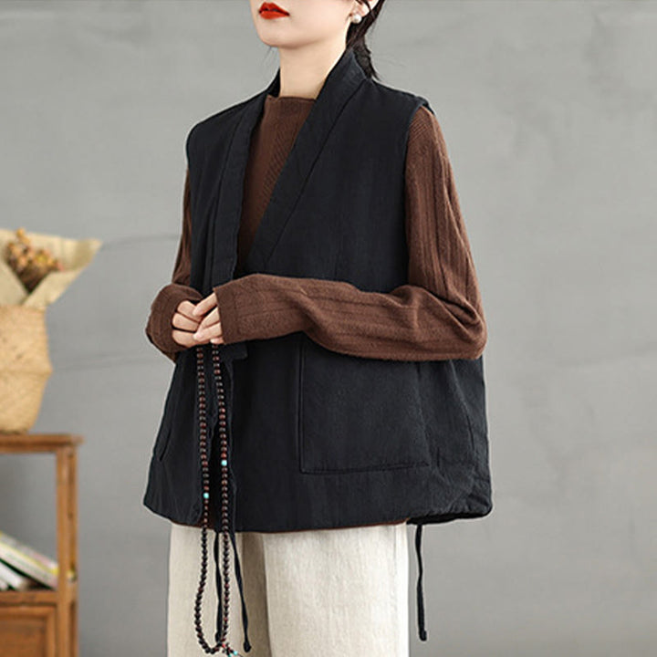 Buddha Stones Plain Lace-up Women's Sleeveless Cotton Vest Waistcoat With Pockets - image 2