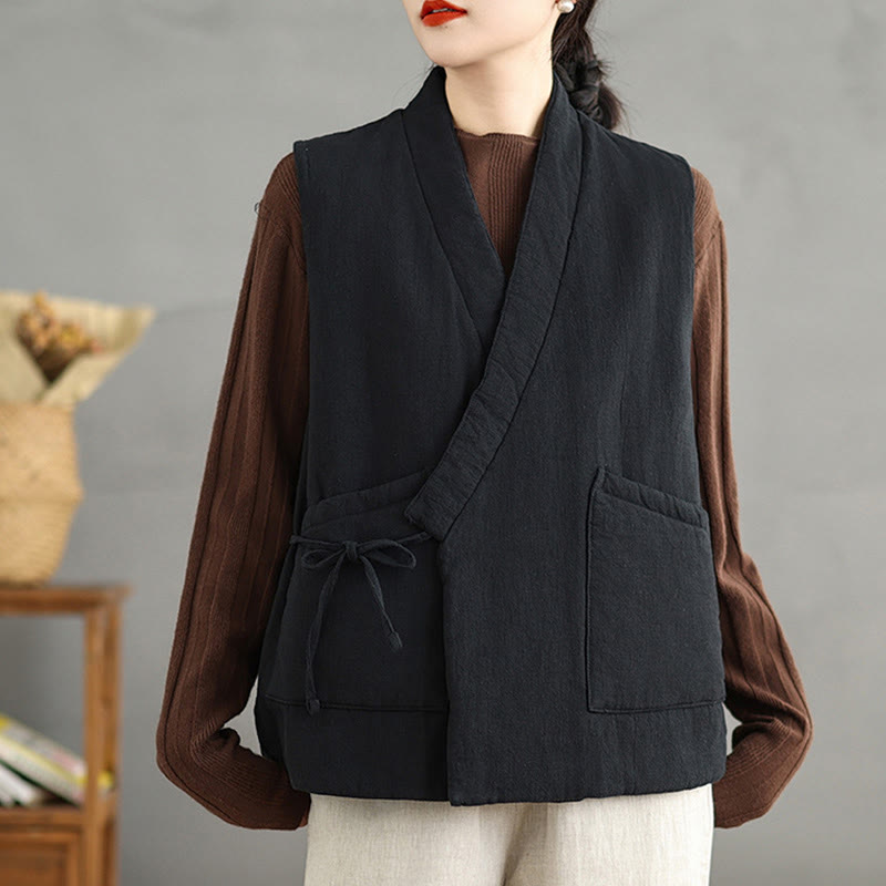 Buddha Stones Plain Lace-up Women's Sleeveless Cotton Vest Waistcoat With Pockets - Black - US12,UK/AU16,EU44 (2XL) - image 1