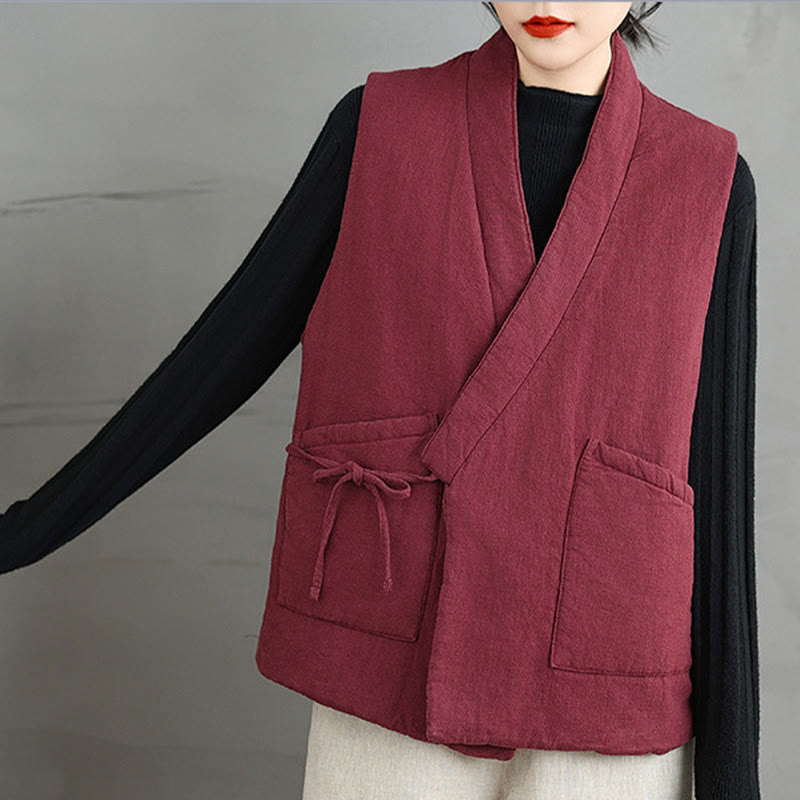 Buddha Stones Plain Lace-up Women's Sleeveless Cotton Vest Waistcoat With Pockets - image 12