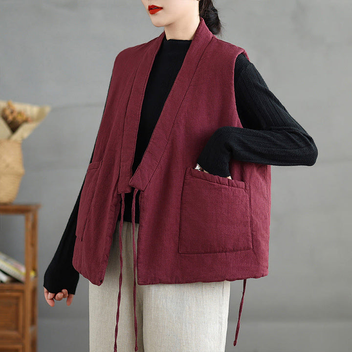 Buddha Stones Plain Lace-up Women's Sleeveless Cotton Vest Waistcoat With Pockets - image 8