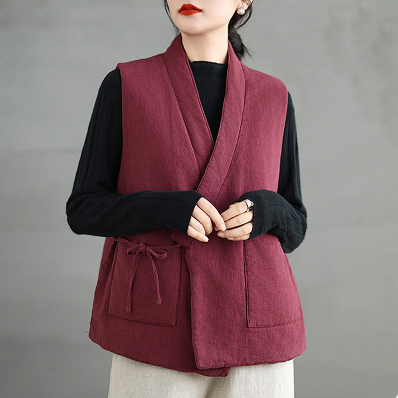 Buddha Stones Plain Lace-up Women's Sleeveless Cotton Vest Waistcoat With Pockets - IndianRed - US12,UK/AU16,EU44 (2XL) - image 7