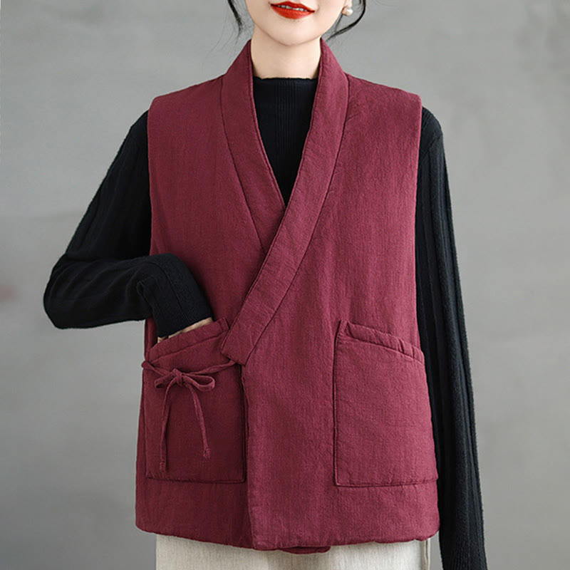 Buddha Stones Plain Lace-up Women's Sleeveless Cotton Vest Waistcoat With Pockets - image 11