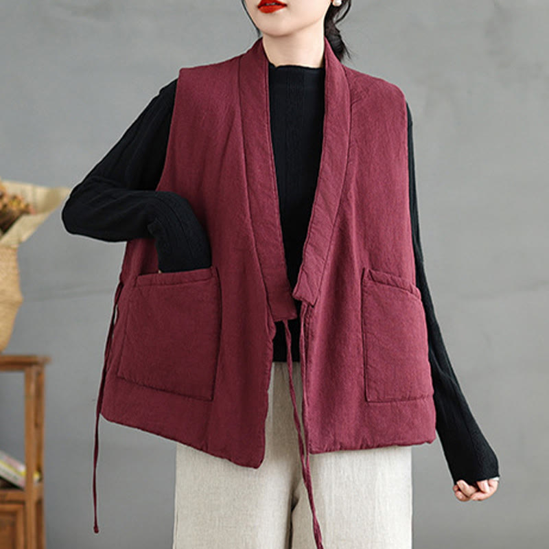 Buddha Stones Plain Lace-up Women's Sleeveless Cotton Vest Waistcoat With Pockets - image 9