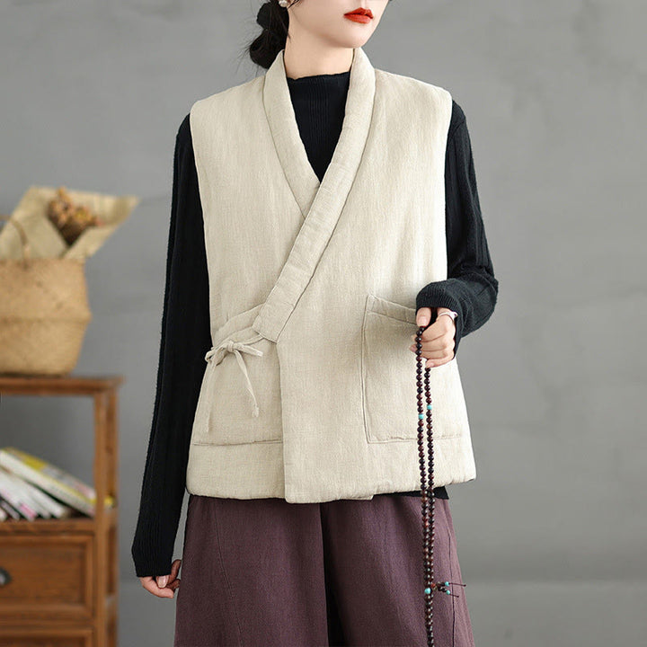 Buddha Stones Plain Lace-up Women's Sleeveless Cotton Vest Waistcoat With Pockets - image 19