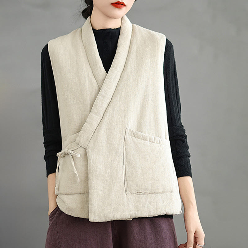 Buddha Stones Plain Lace-up Women's Sleeveless Cotton Vest Waistcoat With Pockets - Beige - US12,UK/AU16,EU44 (2XL) - image 17