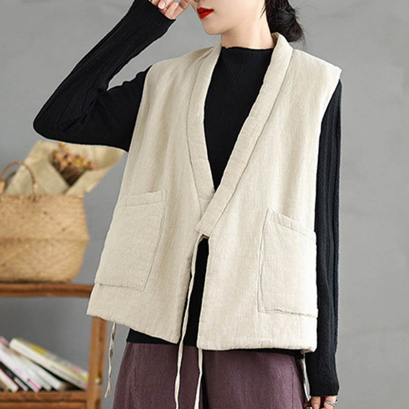 Buddha Stones Plain Lace-up Women's Sleeveless Cotton Vest Waistcoat With Pockets - image 18